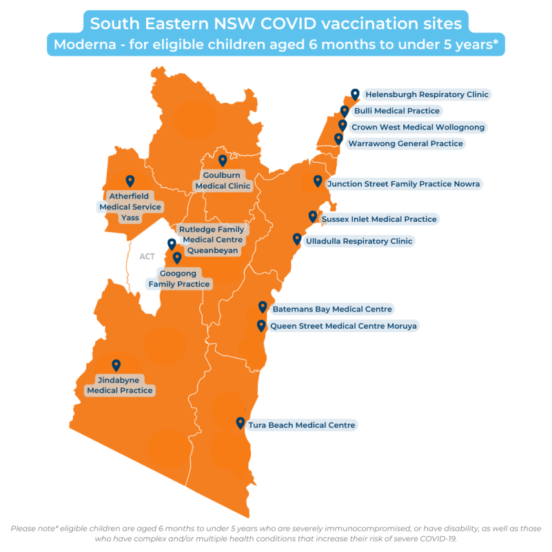 Map showing the general practice vaccination sites selected for South Eastern NSW including Batemans Bay, Bulli, Goulburn, Jindabyne, Helensburgh, Moruya, Nowra, Queanbeyan, Sussex Inlet, Tura Beach, Ulladulla, Warrawong, Wollongong and Yass.