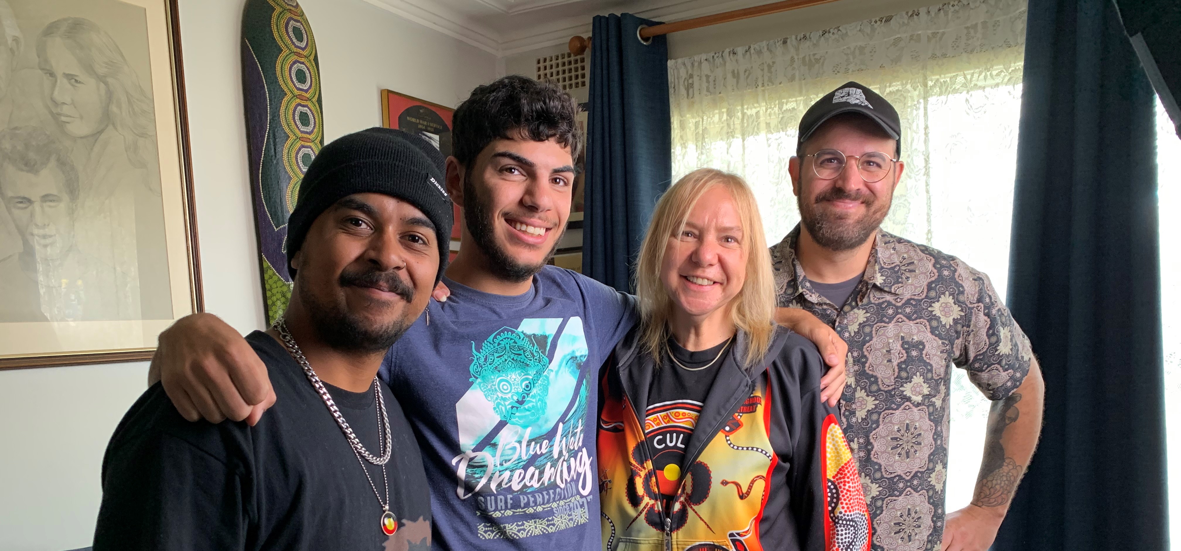 Pictured; From left Elias Rees, Adam Alanez, Tanya Bloxsome and Chris De Souza from Beyond Empathy yarn about the NAIDOC week theme 'For our Elders'