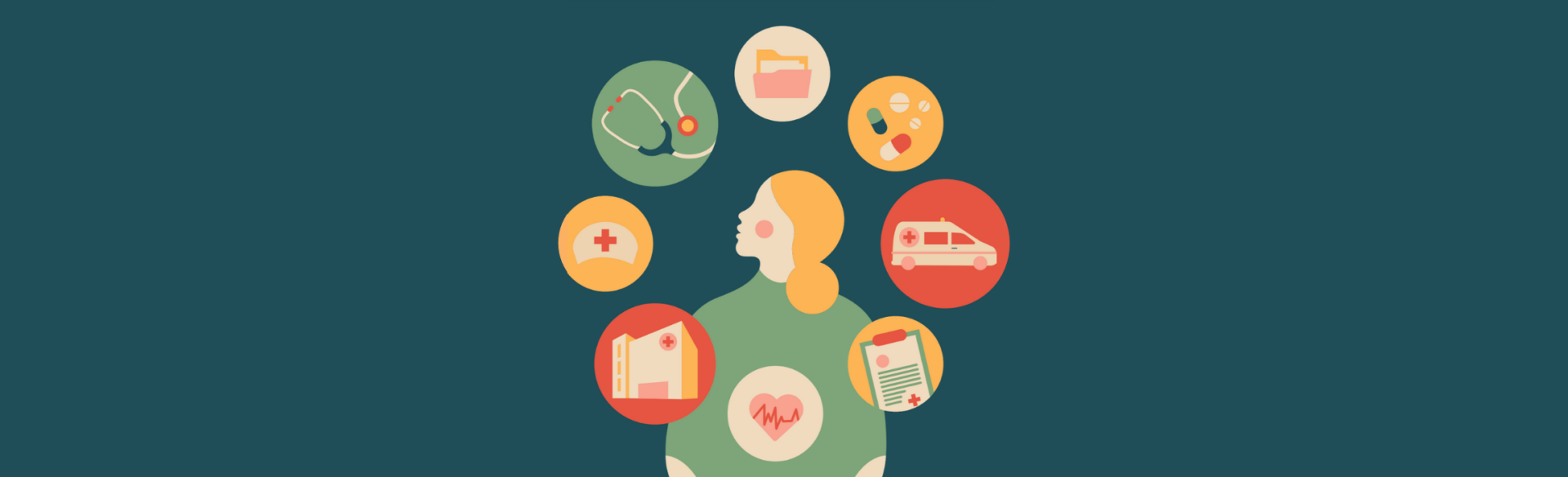 Graphic of woman surrounded by health related icons.