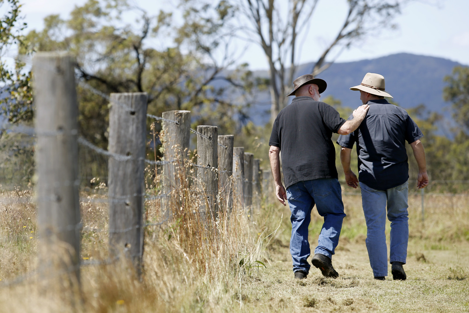 Two farmers talking to each other out in a paddock