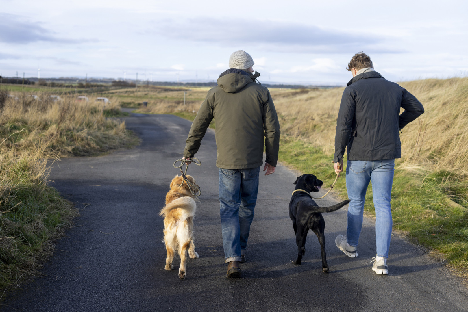 Two friends talking whilst out walking their dogs