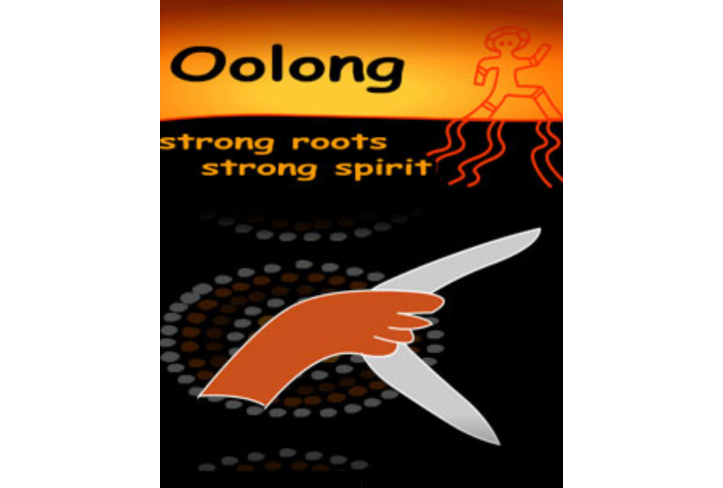 Oolong house logo which shows a boomerang held buy a red hand.