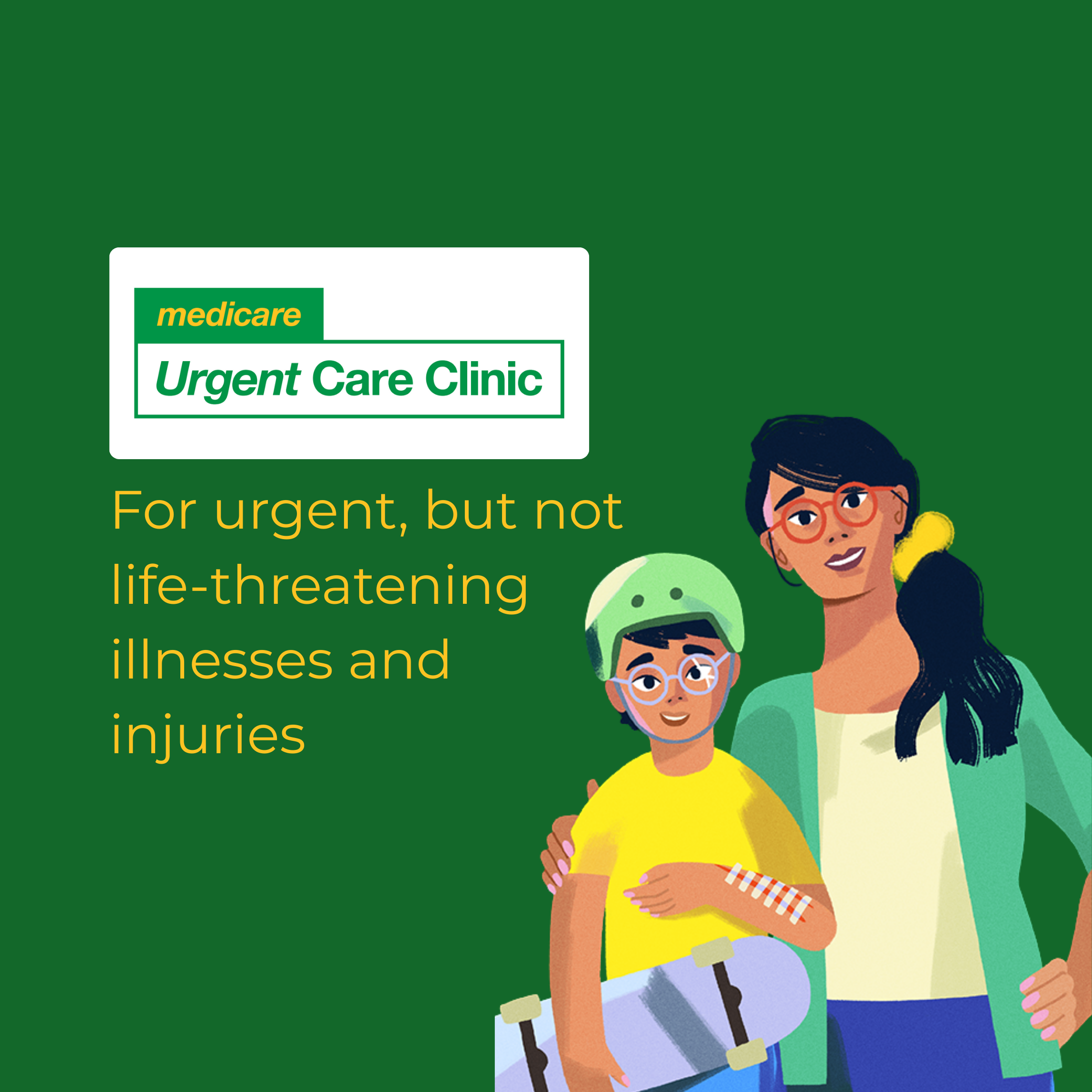 A cartoon image of a kid with a sore arm and his mother