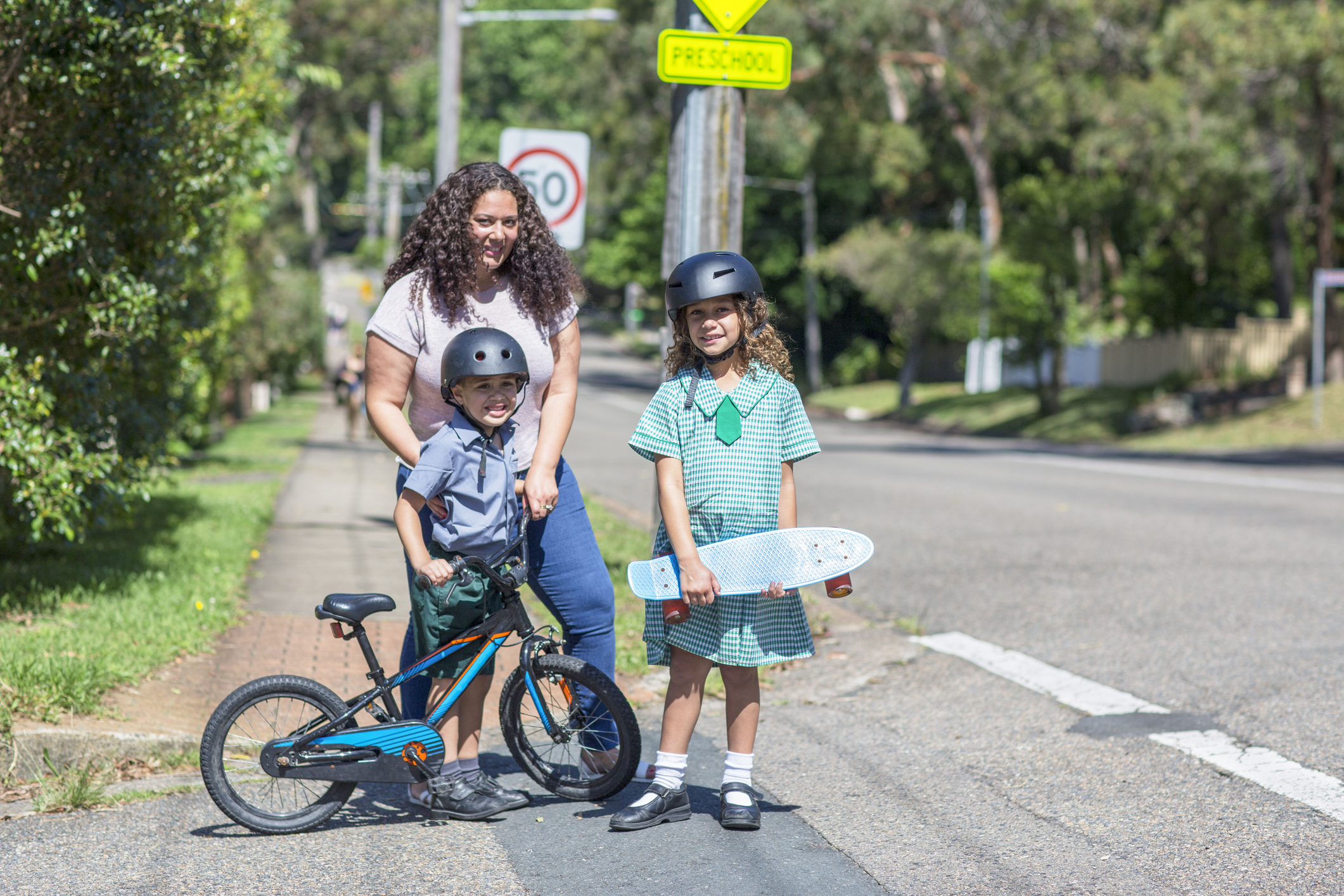 Young family on the way to school